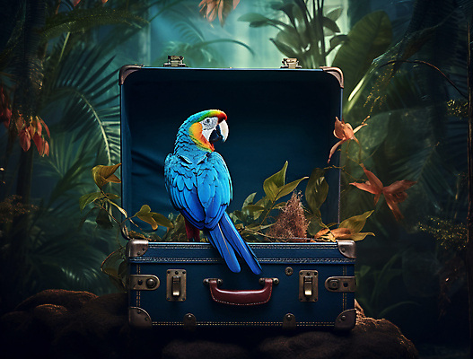 JPG 편집이미지 여행 낙엽 자연 나뭇잎 사람없음 파란색 판타지 여행가방 풀잎 숲속 신비 열대우림 앵무새 편집실사 AI포토 AI콘텐츠 컬러 컨셉 잎 가방 상상 조류 풀_식물 숲 CG 생태계 파일형식