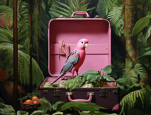 JPG 나무 편집이미지 분홍색 여행 자연 조류 나뭇잎 사람없음 초록색 판타지 여행가방 풀잎 숲속 신비 열대우림 편집실사 AI포토 AI콘텐츠 식물 동물 컬러 컨셉 잎 가방 상상 풀_식물 숲 CG 생태계 파일형식