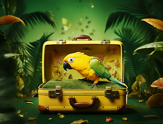 JPG 편집이미지 여행 낙엽 자연 나뭇잎 사람없음 초록색 판타지 노란색 여행가방 풀잎 숲속 신비 열대우림 앵무새 편집실사 AI포토 AI콘텐츠 컬러 컨셉 잎 가방 상상 조류 풀_식물 숲 CG 생태계 파일형식