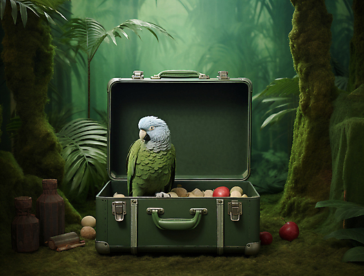 JPG 나무 편집이미지 여행 자연 조류 나뭇잎 이끼 사람없음 초록색 판타지 여행가방 풀잎 숲속 신비 열대우림 앵무새 편집실사 AI포토 AI콘텐츠 식물 동물 컬러 컨셉 잎 가방 상상 풀_식물 숲 CG 생태계 파일형식