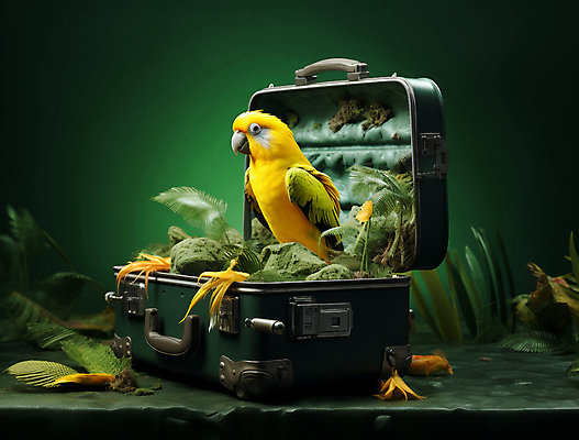 JPG 편집이미지 여행 낙엽 자연 조류 나뭇잎 사람없음 초록색 판타지 노란색 여행가방 풀잎 숲속 신비 열대우림 앵무새 편집실사 AI포토 AI콘텐츠 동물 컬러 컨셉 잎 가방 상상 풀_식물 숲 CG 생태계 파일형식