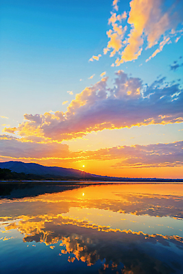 JPG 구름 편집이미지 하늘 산 풍경 사람없음 야외 강 반사 일몰 편집실사 AI포토 AI콘텐츠 자연요소 노을 CG 파일형식