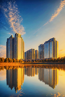 JPG 구름 편집이미지 하늘 풍경 빌딩 사람없음 야외 강 반사 일몰 도시 편집실사 AI포토 AI콘텐츠 자연요소 건물 노을 CG 파일형식