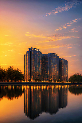 JPG 구름 편집이미지 하늘 풍경 빌딩 사람없음 야외 강 반사 일몰 도시 편집실사 AI포토 AI콘텐츠 자연요소 건물 노을 CG 파일형식