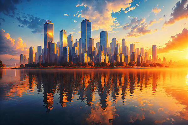 JPG 구름 편집이미지 하늘 풍경 빌딩 사람없음 야외 강 반사 일몰 도시 편집실사 AI포토 AI콘텐츠 자연요소 건물 노을 CG 파일형식