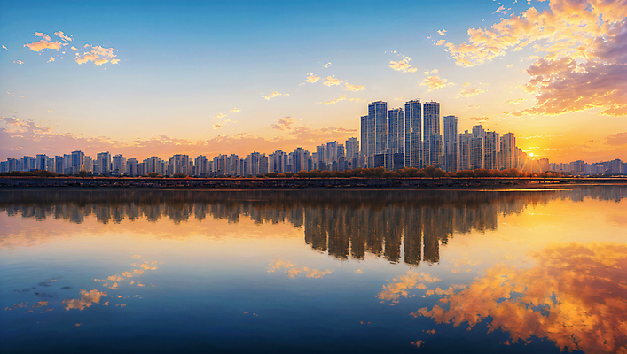 JPG 구름 편집이미지 하늘 풍경 빌딩 사람없음 야외 강 반사 일몰 도시 편집실사 AI포토 AI콘텐츠 자연요소 건물 노을 CG 파일형식