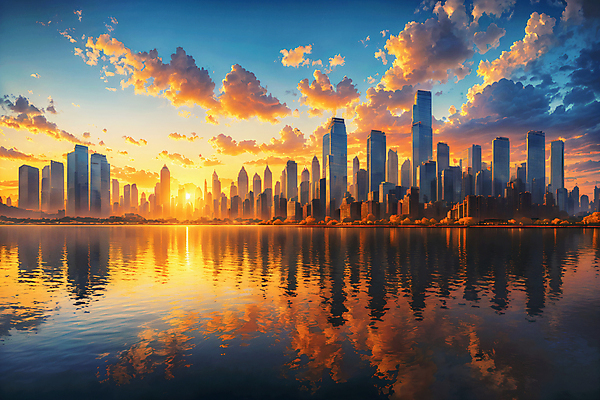 JPG 구름 편집이미지 하늘 풍경 빌딩 사람없음 야외 강 반사 일몰 도시 편집실사 AI포토 AI콘텐츠 자연요소 건물 노을 CG 파일형식