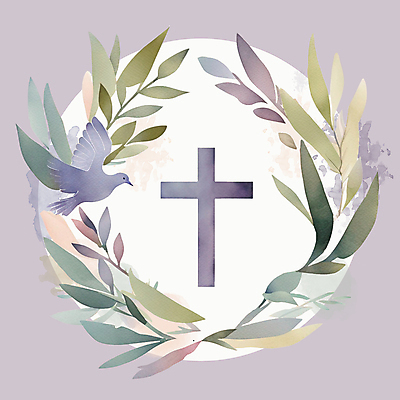 PSD 기독교 십자가 일러스트 수채화 사람없음 평화 보라색 원형 풀잎 비둘기 국내일러스트 도형 종교 컬러 컨셉 잎 조류 풀_식물 파일형식