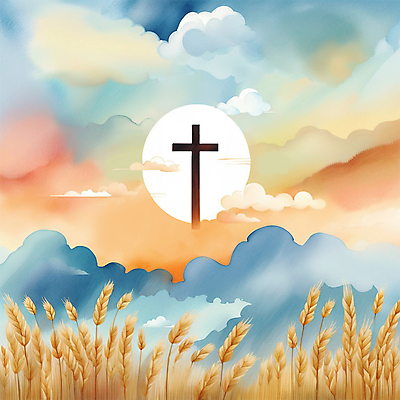 PSD 구름 십자가 일러스트 자연 하늘 수채화 풍경 사람없음 컬러풀 태양 노을 벼 보리밭 추수감사절 국내일러스트 자연요소 기독교 컬러 밭 곡류 생태계 보리 파일형식