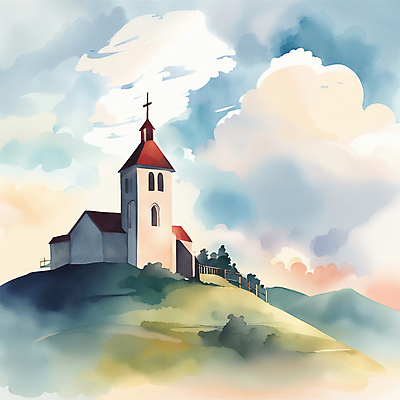 PSD 구름 기독교 일러스트 하늘 수채화 초원 사람없음 컬러풀 교회 언덕 국내일러스트 자연요소 종교 컬러 종교건축 건물 파일형식