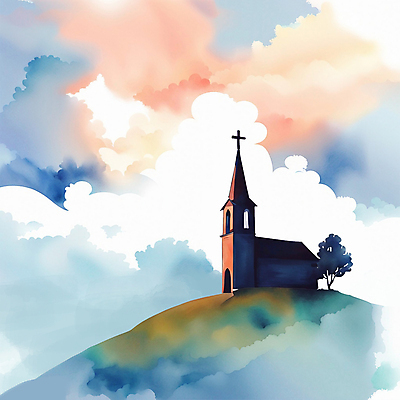 PSD 구름 기독교 일러스트 하늘 수채화 초원 사람없음 컬러풀 교회 언덕 국내일러스트 자연요소 종교 컬러 종교건축 건물 파일형식