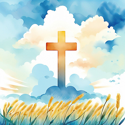 PSD 구름 십자가 일러스트 하늘 수채화 사람없음 컬러풀 밀 보리밭 추수감사절 국내일러스트 자연요소 기독교 컬러 밭 곡류 보리 파일형식