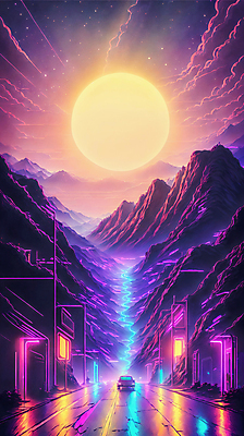 JPG 구름 편집이미지 도로 선 자동차 하늘 미래 산 거리 사람없음 컬러풀 태양 도시 네온 형광 이미지편집 편집실사 AI컴퓨터그래픽 AI콘텐츠 자연요소 길 육상교통 컬러 컨셉 교통시설 빛 CG 파일형식