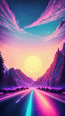 JPG 구름 편집이미지 도로 선 하늘 미래 산 사람없음 컬러풀 태양 네온 형광 이미지편집 편집실사 AI컴퓨터그래픽 AI콘텐츠 자연요소 길 컬러 컨셉 교통시설 빛 CG 파일형식