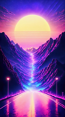 JPG 구름 편집이미지 도로 선 가로등 하늘 미래 산 사람없음 컬러풀 태양 네온 형광 이미지편집 편집실사 AI컴퓨터그래픽 AI콘텐츠 자연요소 공공시설 길 컬러 컨셉 교통시설 빛 CG 파일형식