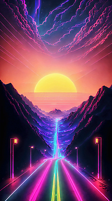 JPG 구름 편집이미지 도로 선 가로등 하늘 미래 산 사람없음 컬러풀 태양 네온 형광 이미지편집 편집실사 AI컴퓨터그래픽 AI콘텐츠 자연요소 공공시설 길 컬러 컨셉 교통시설 빛 CG 파일형식