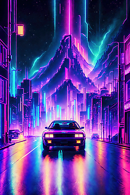 JPG 편집이미지 도로 선 자동차 미래 산 거리 빌딩 사람없음 컬러풀 도시 네온 형광 이미지편집 편집실사 AI컴퓨터그래픽 AI콘텐츠 길 육상교통 컬러 컨셉 교통시설 건물 빛 CG 파일형식