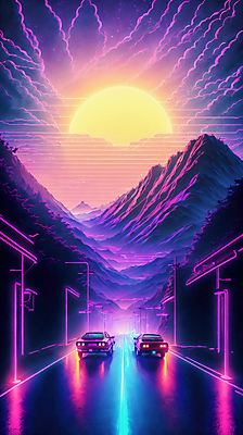 JPG 구름 편집이미지 도로 선 자동차 하늘 미래 산 거리 사람없음 컬러풀 태양 네온 형광 이미지편집 편집실사 AI컴퓨터그래픽 AI콘텐츠 자연요소 길 육상교통 컬러 컨셉 교통시설 빛 CG 파일형식