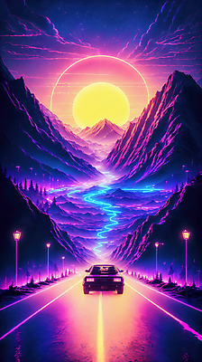 JPG 구름 편집이미지 도로 선 자동차 하늘 미래 산 거리 사람없음 컬러풀 태양 네온 형광 이미지편집 편집실사 AI컴퓨터그래픽 AI콘텐츠 자연요소 길 육상교통 컬러 컨셉 교통시설 빛 CG 파일형식
