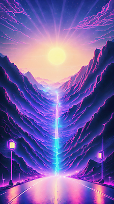 JPG 구름 편집이미지 도로 선 가로등 하늘 미래 산 사람없음 컬러풀 태양 네온 형광 이미지편집 편집실사 AI컴퓨터그래픽 AI콘텐츠 자연요소 공공시설 길 컬러 컨셉 교통시설 빛 CG 파일형식