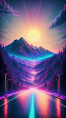 JPG 구름 편집이미지 도로 선 하늘 미래 산 거리 사람없음 컬러풀 태양 네온 형광 이미지편집 편집실사 AI컴퓨터그래픽 AI콘텐츠 자연요소 길 컬러 컨셉 교통시설 빛 CG 파일형식