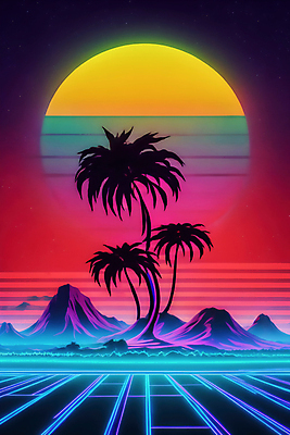 JPG 편집이미지 실루엣 선 하늘 미래 산 사람없음 컬러풀 야자수 태양 네온 형광 이미지편집 편집실사 AI컴퓨터그래픽 AI콘텐츠 자연요소 나무 컬러 컨셉 촬영기법 빛 CG 파일형식