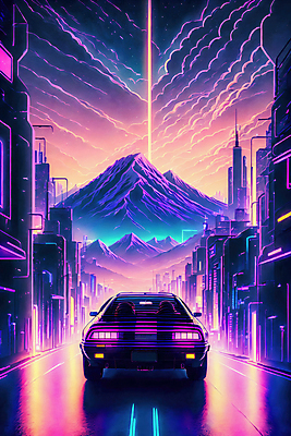 JPG 구름 편집이미지 도로 선 자동차 하늘 미래 산 거리 빌딩 사람없음 건물 컬러풀 도시 네온 형광 이미지편집 편집실사 AI컴퓨터그래픽 AI콘텐츠 자연요소 건축물 길 육상교통 컬러 컨셉 교통시설 빛 CG 파일형식