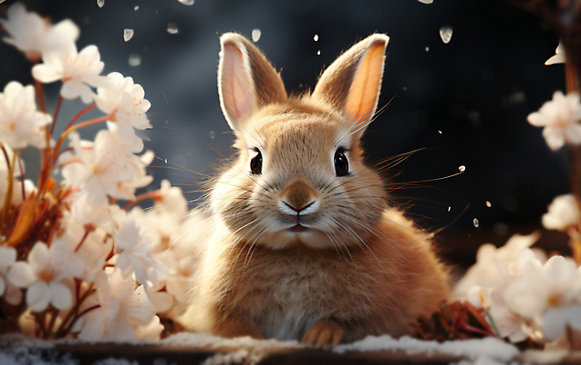 JPG 편집이미지 꽃잎 꽃 설경 사람없음 설원 나뭇가지 토끼 디지털합성 눈내림 편집소스 편집실사 AI포토 AI콘텐츠 나무 식물 겨울 포유류 눈_날씨 풍경 반려동물 CG 파일형식