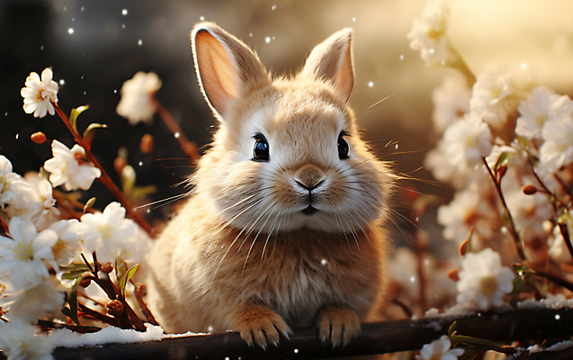 JPG 편집이미지 꽃잎 꽃 설경 사람없음 설원 나뭇가지 토끼 디지털합성 눈내림 편집소스 편집실사 AI포토 AI콘텐츠 나무 식물 겨울 포유류 눈_날씨 풍경 반려동물 CG 파일형식