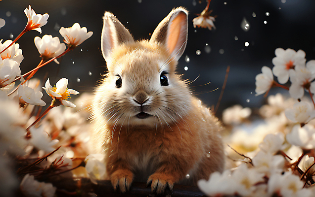 JPG 편집이미지 꽃잎 꽃 설경 사람없음 설원 나뭇가지 토끼 디지털합성 눈내림 편집소스 편집실사 AI포토 AI콘텐츠 나무 식물 겨울 포유류 눈_날씨 풍경 반려동물 CG 파일형식