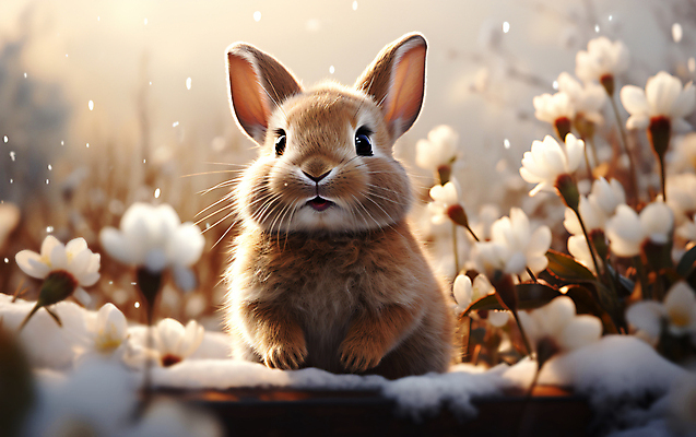 JPG 편집이미지 꽃잎 꽃 설경 사람없음 설원 나뭇가지 토끼 디지털합성 눈내림 편집소스 편집실사 AI포토 AI콘텐츠 나무 식물 겨울 포유류 눈_날씨 풍경 반려동물 CG 파일형식