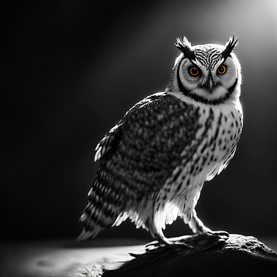 JPG 편집이미지 응시 흑백 사람없음 검은색 돌_바위 디지털합성 부엉이 편집소스 편집실사 AI컴퓨터그래픽 AI콘텐츠 시선 컬러 조류 촬영기법 CG 파일형식