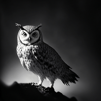 JPG 편집이미지 응시 흑백 사람없음 검은색 돌_바위 디지털합성 부엉이 편집소스 편집실사 AI컴퓨터그래픽 AI콘텐츠 시선 컬러 조류 촬영기법 CG 파일형식