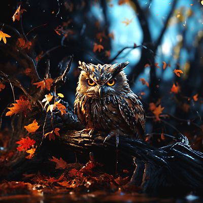 JPG 편집이미지 단풍나무 사람없음 나뭇가지 야간 디지털합성 부엉이 편집소스 편집실사 AI컴퓨터그래픽 AI콘텐츠 자연요소 나무 단풍 조류 CG 파일형식