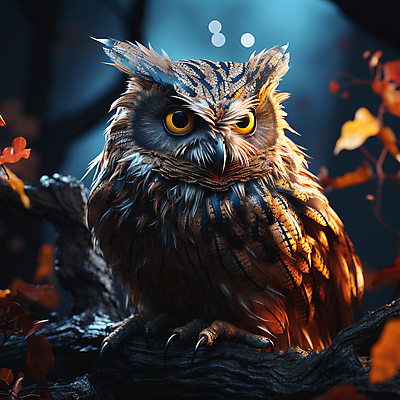 JPG 편집이미지 단풍나무 사람없음 나뭇가지 야간 디지털합성 부엉이 편집소스 편집실사 AI컴퓨터그래픽 AI콘텐츠 자연요소 나무 단풍 조류 CG 파일형식