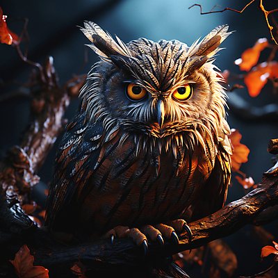 JPG 편집이미지 단풍나무 사람없음 나뭇가지 야간 디지털합성 부엉이 편집소스 편집실사 AI컴퓨터그래픽 AI콘텐츠 자연요소 나무 단풍 조류 CG 파일형식