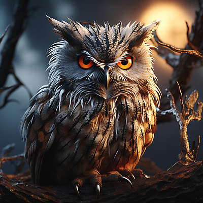 JPG 편집이미지 사람없음 나뭇가지 야간 디지털합성 부엉이 편집소스 편집실사 AI컴퓨터그래픽 AI콘텐츠 자연요소 나무 조류 CG 파일형식