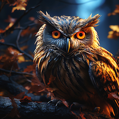 JPG 편집이미지 응시 단풍나무 사람없음 나뭇가지 야간 디지털합성 부엉이 편집소스 편집실사 AI컴퓨터그래픽 AI콘텐츠 자연요소 나무 시선 단풍 조류 CG 파일형식