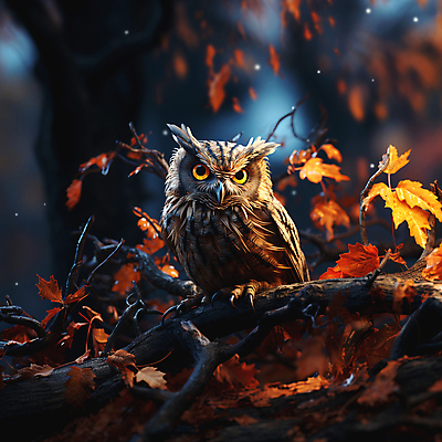 JPG 편집이미지 단풍나무 사람없음 나뭇가지 야간 디지털합성 부엉이 편집소스 편집실사 AI컴퓨터그래픽 AI콘텐츠 자연요소 나무 단풍 조류 CG 파일형식