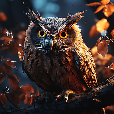 JPG 편집이미지 응시 단풍나무 사람없음 나뭇가지 야간 디지털합성 부엉이 편집소스 편집실사 AI컴퓨터그래픽 AI콘텐츠 자연요소 나무 시선 단풍 조류 CG 파일형식