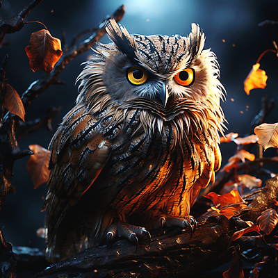 JPG 편집이미지 단풍나무 사람없음 나뭇가지 야간 디지털합성 부엉이 편집소스 편집실사 AI컴퓨터그래픽 AI콘텐츠 자연요소 나무 단풍 조류 CG 파일형식