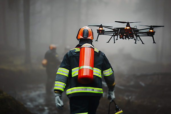 JPG 편집이미지 남자 들기 성인 야외 두명 비행 연기 숲속 소방관 소화_소방 소화기 드론 방화복 화재진압 성인남자만 편집실사 AI인물포토 AI콘텐츠 모션 사람 숲 안전장비 구조원 소방 CG 화재 진압 남자만 성인만 파일형식 AI포토