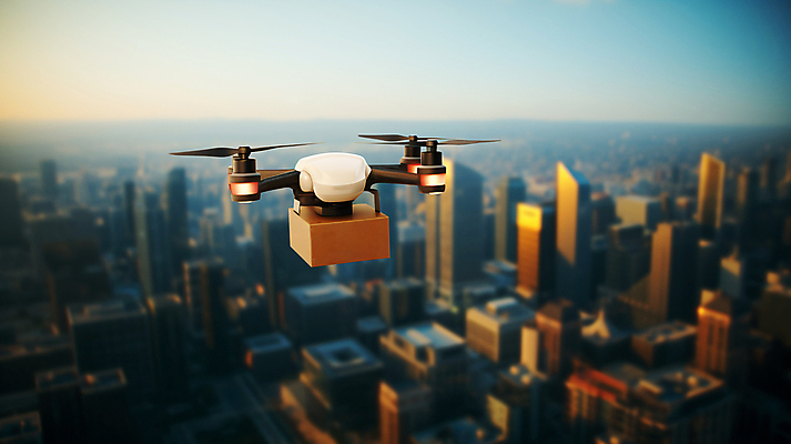 JPG 편집이미지 하늘 사람없음 야외 고층빌딩 도시 운반 배송 택배상자 드론 편집실사 AI포토 AI콘텐츠 빌딩 상자 CG 택배 파일형식