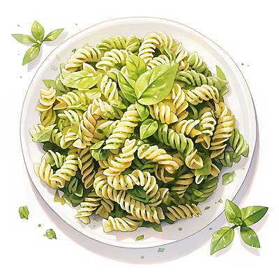 JPG 접시 잎 일러스트 파스타 사람없음 연두색 이탈리아음식 바질 맛있는 푸질리 국내일러스트 AI일러스트 AI콘텐츠 식물 식기 식재료 서양음식 초록색 파일형식