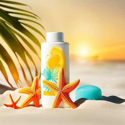 JPG 편집이미지 모래 불가사리 사람없음 여름 모래사장 뷰티 화장품 선크림 디지털합성 야자수잎 목업 편집소스 편집실사 AI포토 AI콘텐츠 계절 바다 잎 극피동물 CG 파일형식