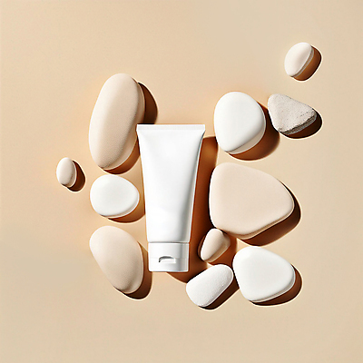 JPG 편집이미지 사람없음 여름 뷰티 화장품 돌_바위 흰색 선크림 디지털합성 베이지색 목업 편집소스 편집실사 AI포토 AI콘텐츠 계절 컬러 CG 파일형식