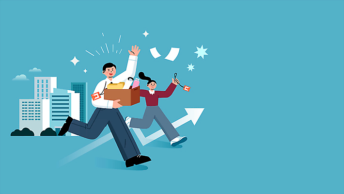 전신 여자 남자 화살표 하늘색 회사 들기 빌딩 성인 두명 건물 상자 달리기 손들기 짐 비즈니스맨 비즈니스우먼 탈출 사원증 성인만 퇴사 모션그래픽 MP4 MOV 오피스빅뱅 건축물 컨셉 비즈니스 모션 사람 파란색 직장인 동영상 파일형식