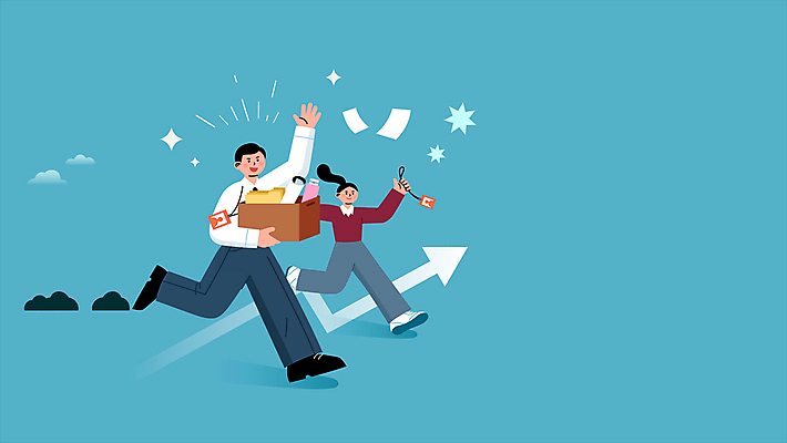 전신 여자 남자 화살표 하늘색 회사 들기 성인 두명 상자 달리기 손들기 짐 비즈니스맨 비즈니스우먼 사원증 성인만 퇴사 모션그래픽 MP4 MOV 오피스빅뱅 비즈니스 모션 사람 파란색 직장인 동영상 파일형식