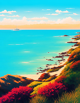 JPG 구름 바다 일러스트 풍경 해변 사람없음 여름 선박 국내일러스트 AI일러스트 AI콘텐츠 자연요소 계절 수상교통 파일형식