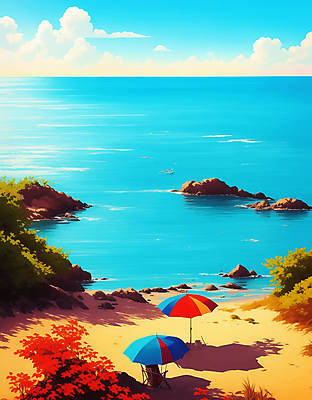 JPG 구름 바다 일러스트 풍경 해변 사람없음 여름 파라솔 국내일러스트 AI일러스트 AI콘텐츠 자연요소 계절 파일형식